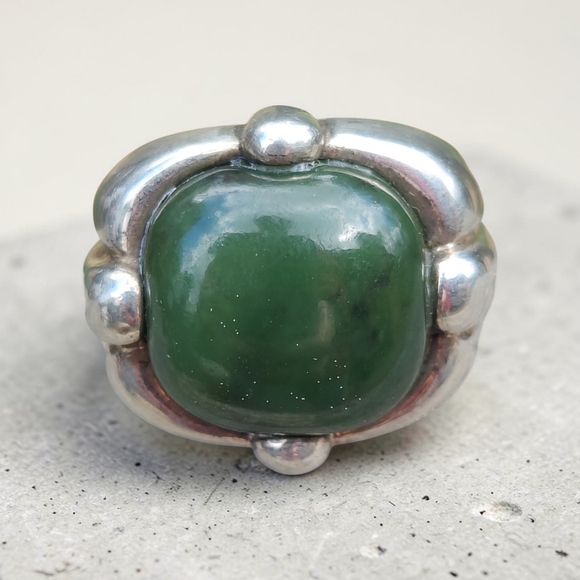 Vintage Jewelry - Vintage Heavy Sterling Silver Jade Ring